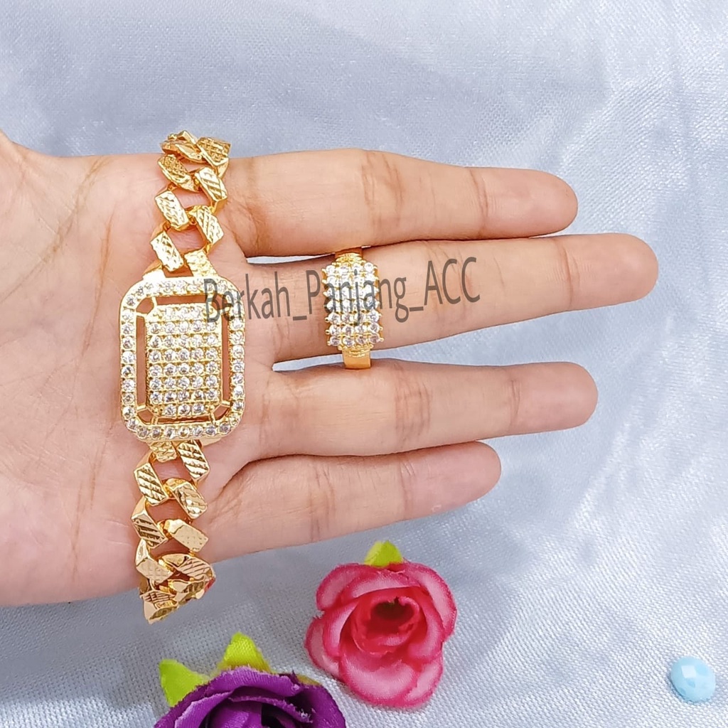 SET DEWASA PERSEGI DIAMOND LAPIS EMAS perhiasan super berkelas fashion korea anti karat dan anti luntur