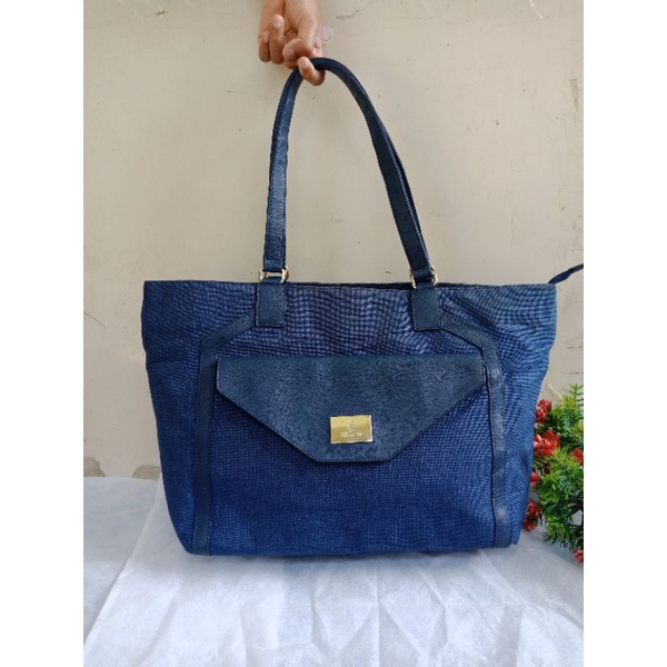 VERA WANG TOTE BAG NAVY KANVAS MIX TAIGA,  PRELOVED VERA WANG,  TOTE BAG, TAS DENIM
