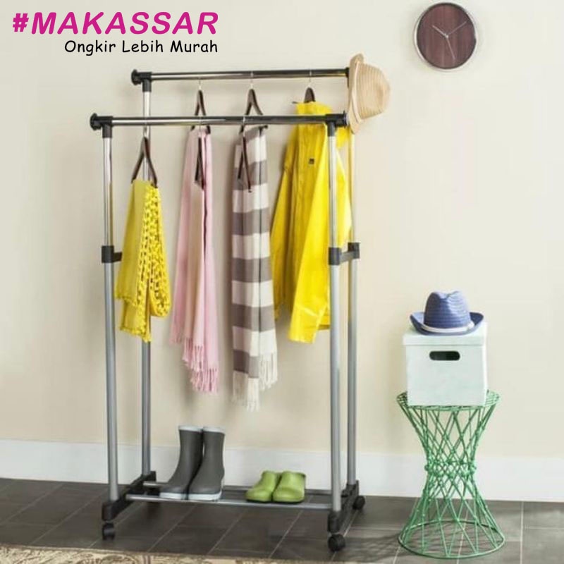 Stand Hanger Double Pakai Roda/Rak Gantung Pakaian 2 Lapis Rak Serbaguna Baju Gantungan Roda Laundry Pajangan Display Stand Hanger Murah COD