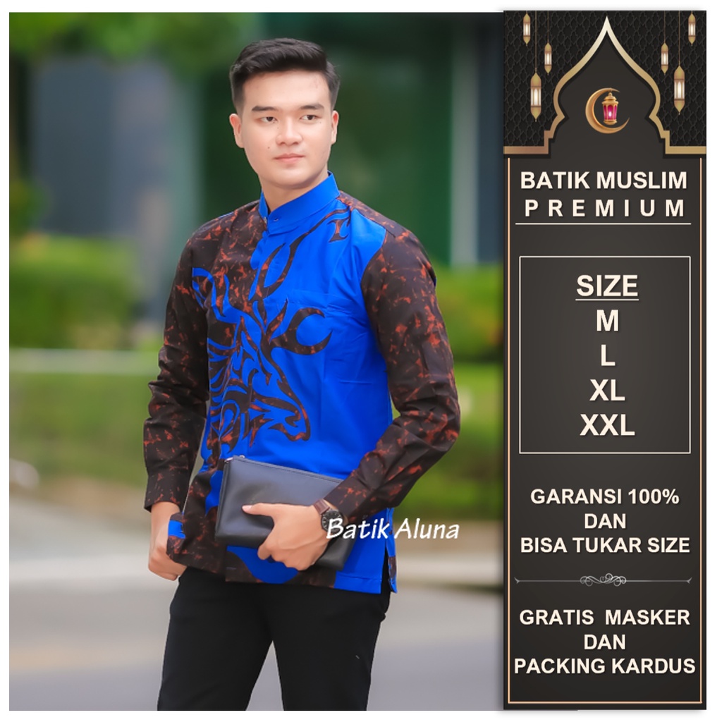 Baju Koko Pria Lengan Panjang Premium Baju Muslim Kombinasi Batik Pria Dewasa Lengan Panjang Kemeja Koko Pria Lengan Panjang Modern Dan Hitam FASHION MUSLIM BATIK ALUNA