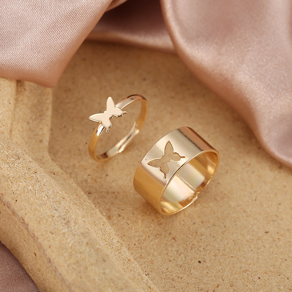 2pcs / Set Cincin Pasangan Model Butterfly Terbuka Bahan Alloy Untuk Anniversary