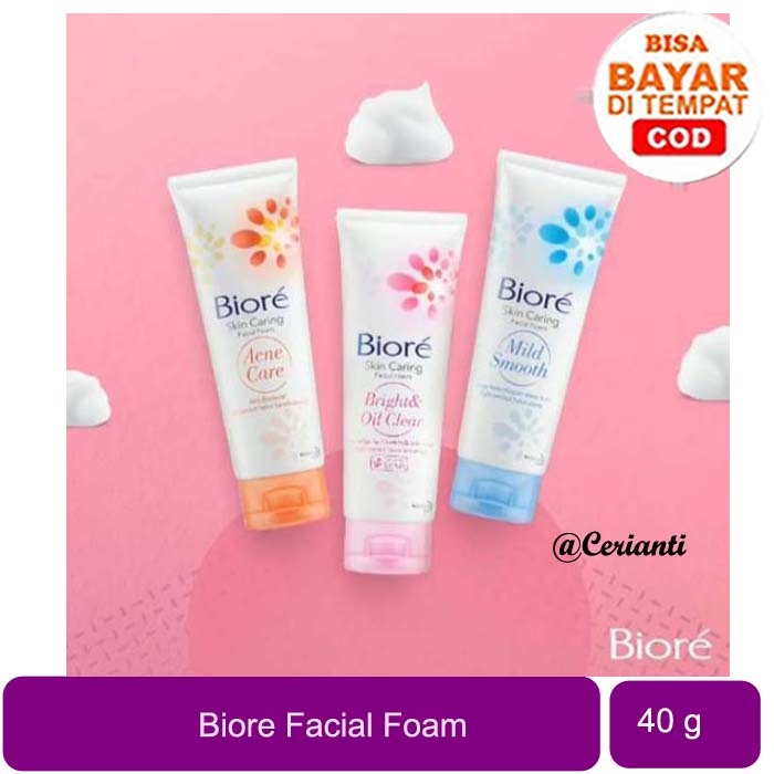 [40GR] [BPOM] Biore Facial Foam 40g | Acne Care | Bright &amp; Clear | Mild &amp; Smooth | Mencerahkan | Jerawat | Pembersih Wajah_Cerianti