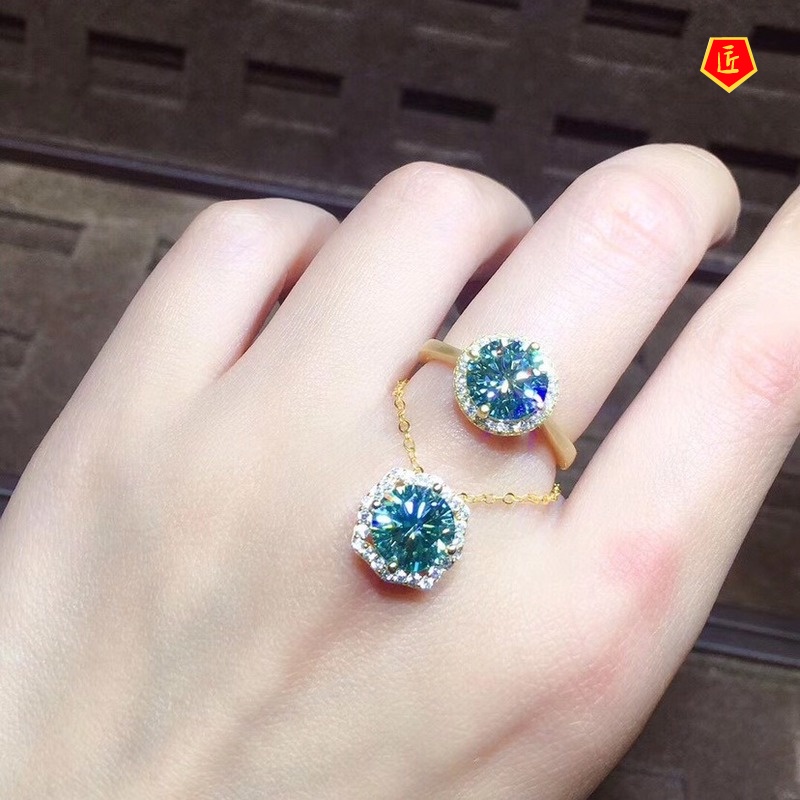 [Ready Stock]3 Karat Pt950 Blue and Green Diamond Necklace Ring Set