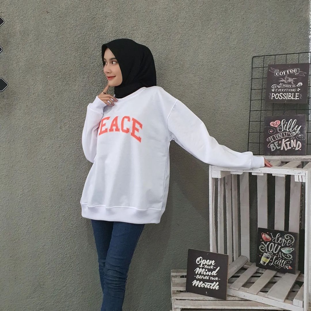 PEACE Sweater Switer Crewneck Oversize Pakaian Pria Wanita Fashion Terkini