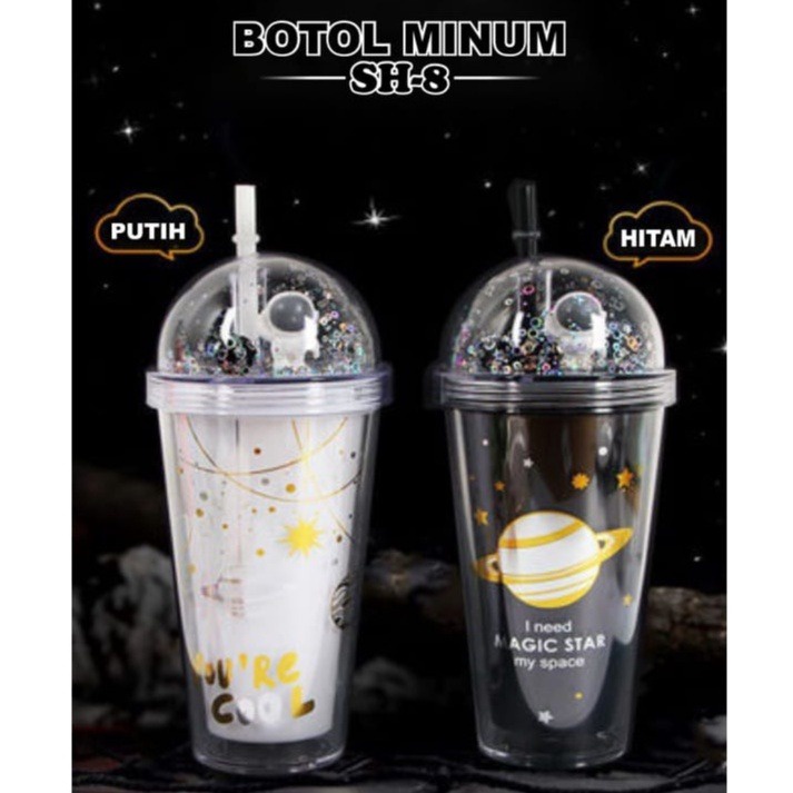 TURUN HARGA Botol Minum Gemoy Glitter Tumbler Gelas Botol Minum Air Sedotan Botol Minum Astronot Free Sedotan