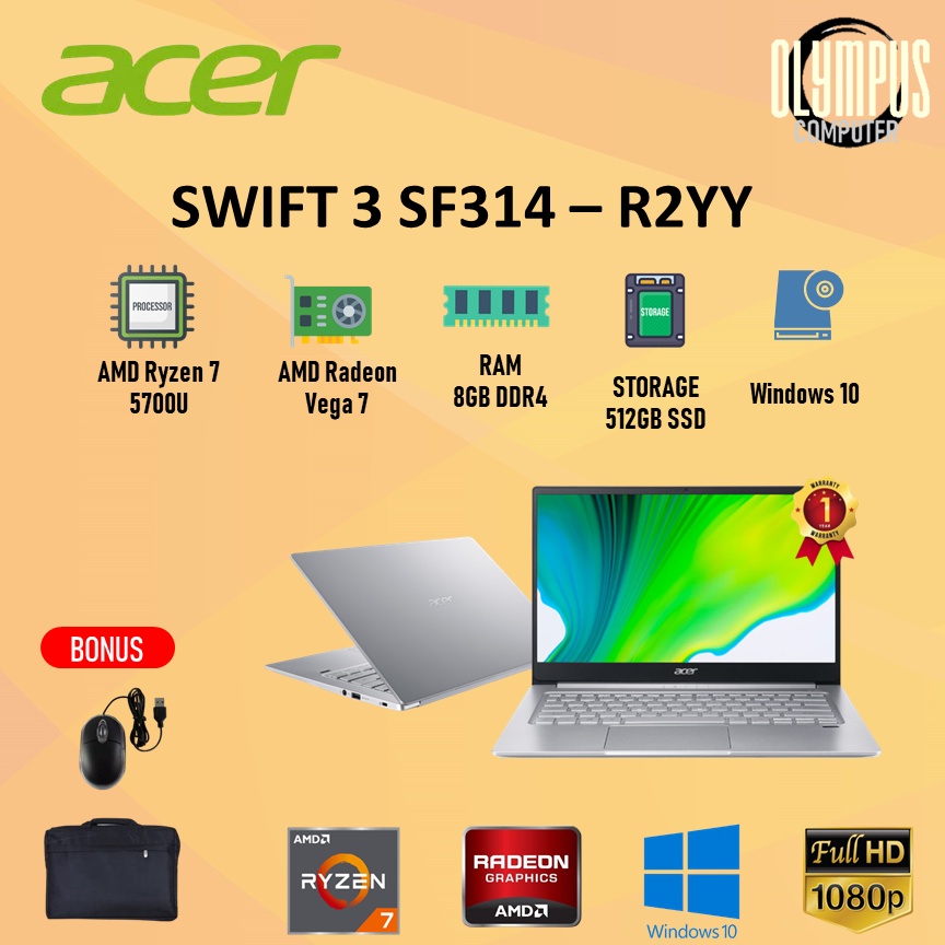 Laptop Acer Swift 3 SF314 Ryzen 7 5700 8GB 512SSD VEGA7 W10 14.0FHD