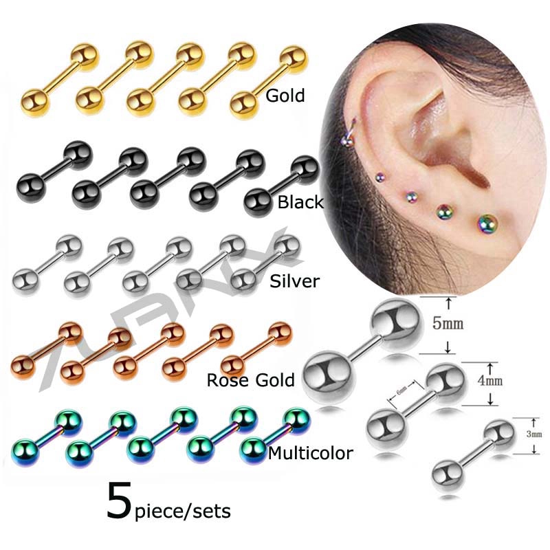 Wholesale 5piece Stainless Steel Dumbbell Double Ball Earrings Stud Helix Pinna Tragus Piercing 16G