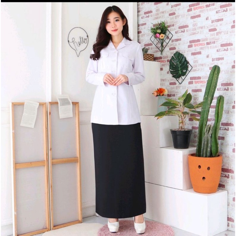 SERAGAM DINAS PUTIH KANTONG 2 ROK A ROK SPAN /CELANA  FREE HIJAB