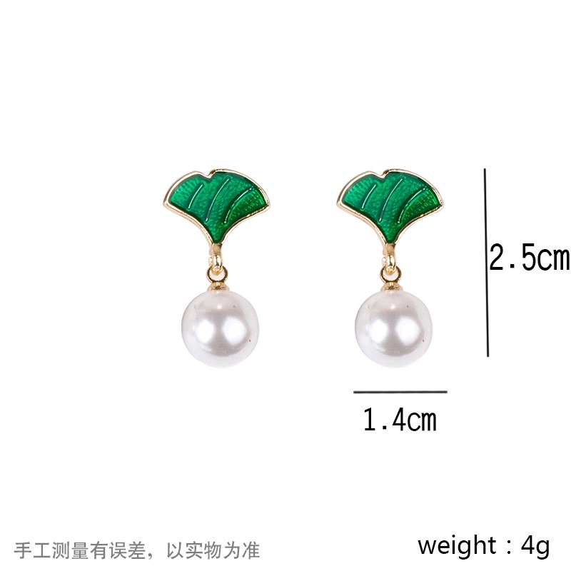 Anting Stud 925 Silver Needle Bentuk Daun Hijau Aksen Mutiara Gaya Perancis Untuk Perempuan