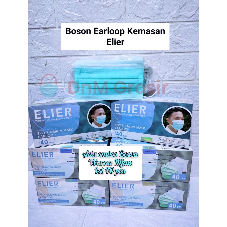 Masker Earloop Boson Elier Hijau Embos Kemenkes Isi 40 Pcs