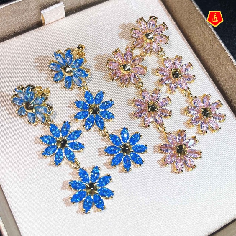 [Ready Stock]Long Sweet Sapphire Flower Earrings