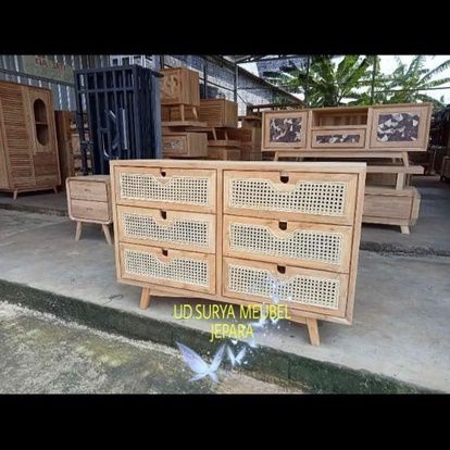 Nakas 6 laci lemari kecil almari laci kombinasi anyaman rotan dan kayu jati