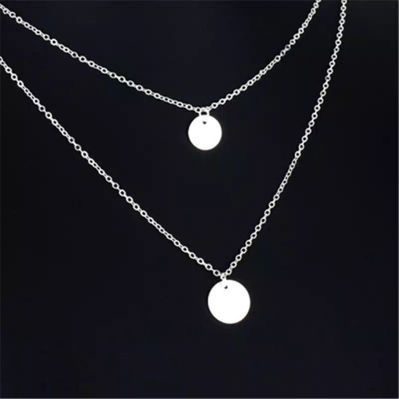 Kalung Sequin Double Layer Silver Coin Plat Gaya Korea Hip Hop Punk Koin Korean Necklace Multilayer