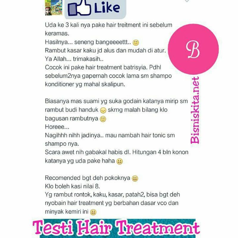 HAIR TREATMENT BATRISYIA/ MINYAK PENEBAL PENGHITAM RAMBUT/ MENGATASI UBAN KETOMBE RAMBUT RONTOK