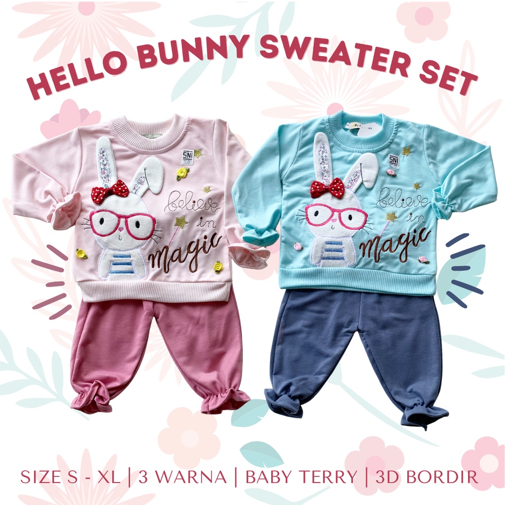 setelan sweater baby anak perempuan 1-4 tahun HELLO BUNNY sweater set celana panjang jogger lengan panjang