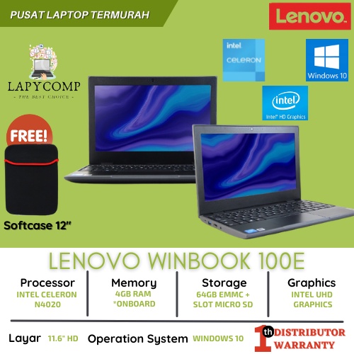 Laptop Baru 3Juta-an Murah Lenovo Winbook 100e - Windows 10 - Intel N4020 - 4Gb Ram