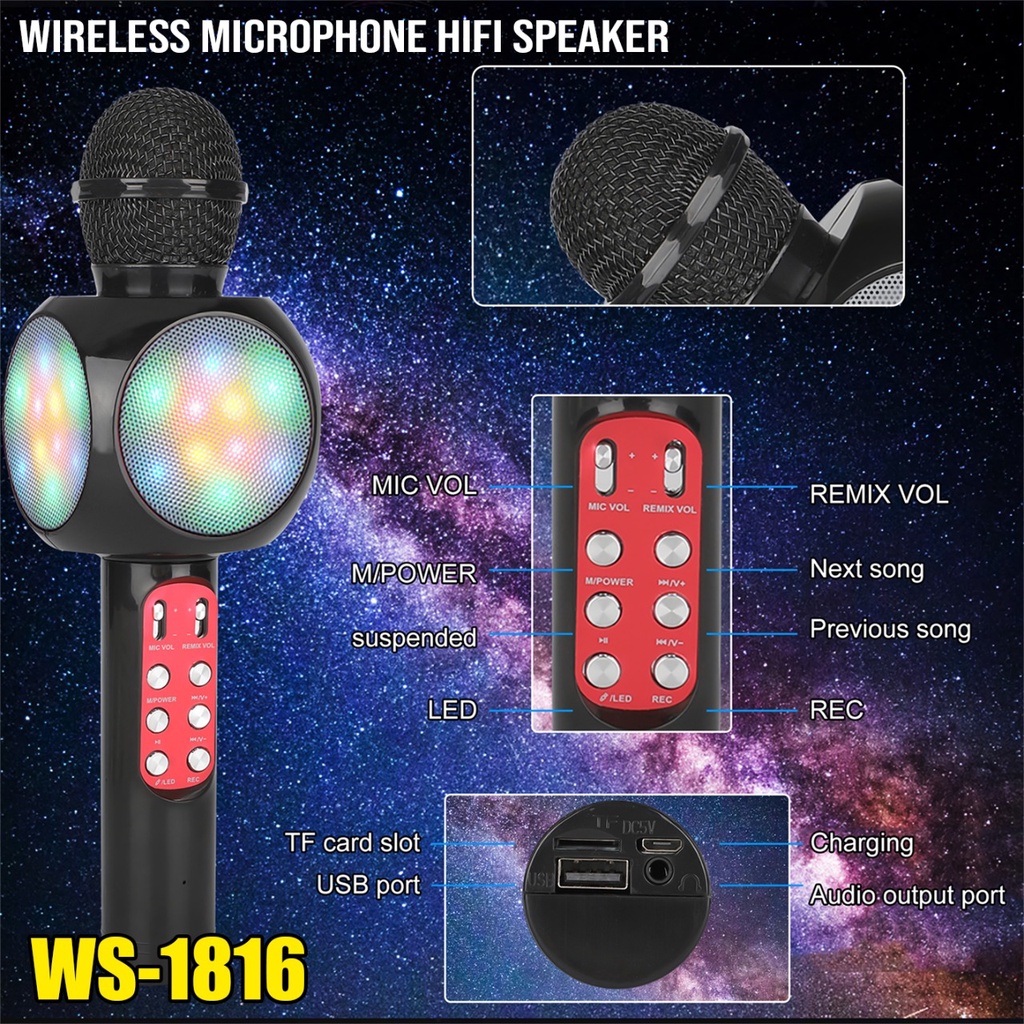 MIC KARAOKE WS1816 MICROPHONE WIRELESS BLUETOOTH WSTER WS-1816 MIC KARAOKE KTV LAMPU LED