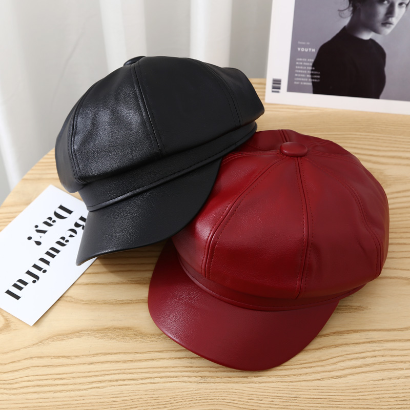 Topi Baret Bentuk Octagonal Bahan Kulit Pu Gaya Retro Korea