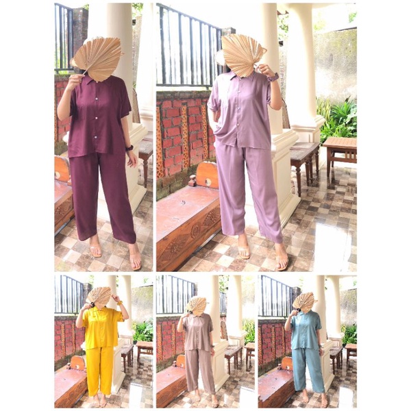 One Set Rayon Lengan Pendek Celana Panjang Motif Polos