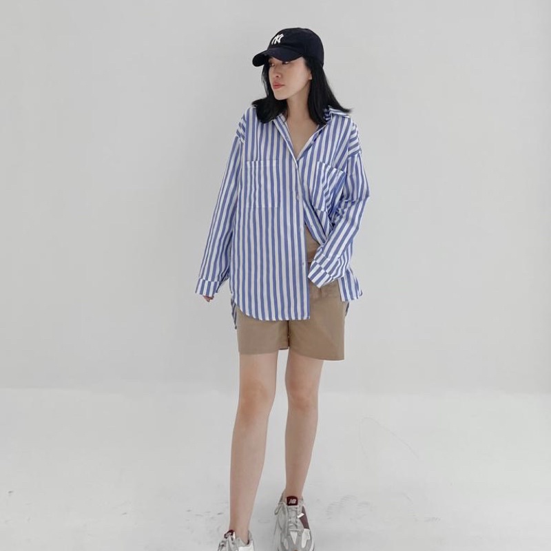 ASOKA Kemeja Stripe Salur - Atasan Wanita Lengan Panjang - Kemeja Katun