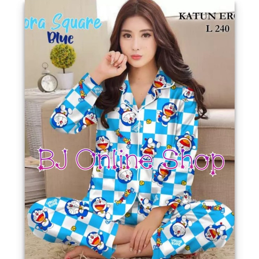 BJ-Piyama PP XXL Wanita Dewasa Murah - Baju Tidur Lengan Panjang-Emon Catur Biru