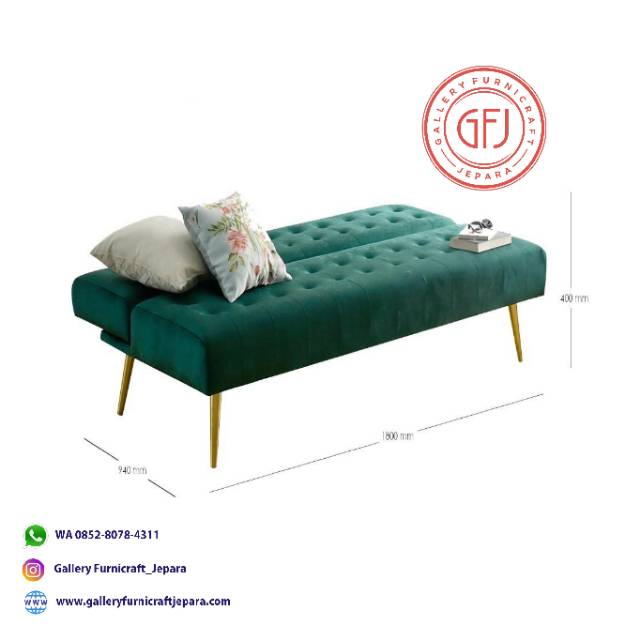 Sofa Bed Retro Lipat Kain Beludru Hijau