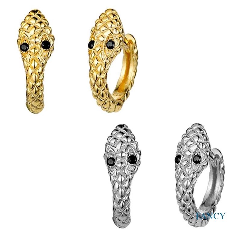 Anting Hoop Desain Ular Kecil Warna Silver Bahan Zirkon Hitam Gaya Punk Untuk Wanita