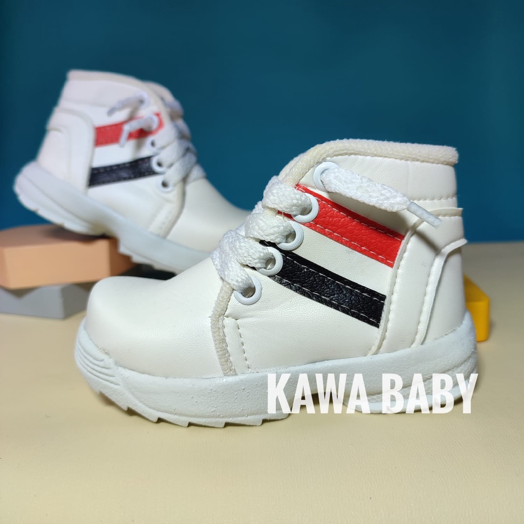 sepatu anak boot perekat tali 1 2 3 putih slide 2 garis hitam merah