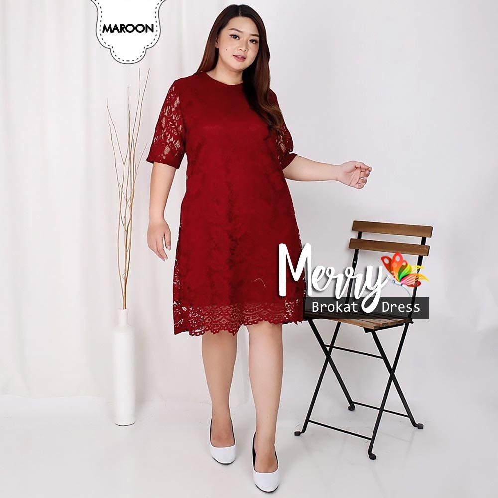 MINI DRESS CASUAL RED BROKAT CORNELI TULANG IMPORT SIZE JUMBO DRESS MERRY ELEGANT LENGAN PENDEK RESL