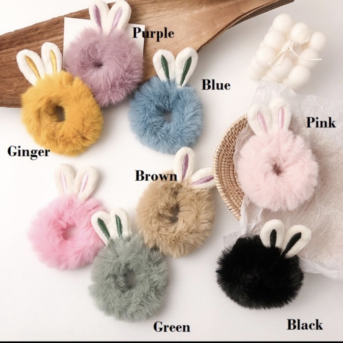 IK28 Ikat Rambut BULU POMPOM RABBIT Kelinci Hair Aksesoris Lucu Korea