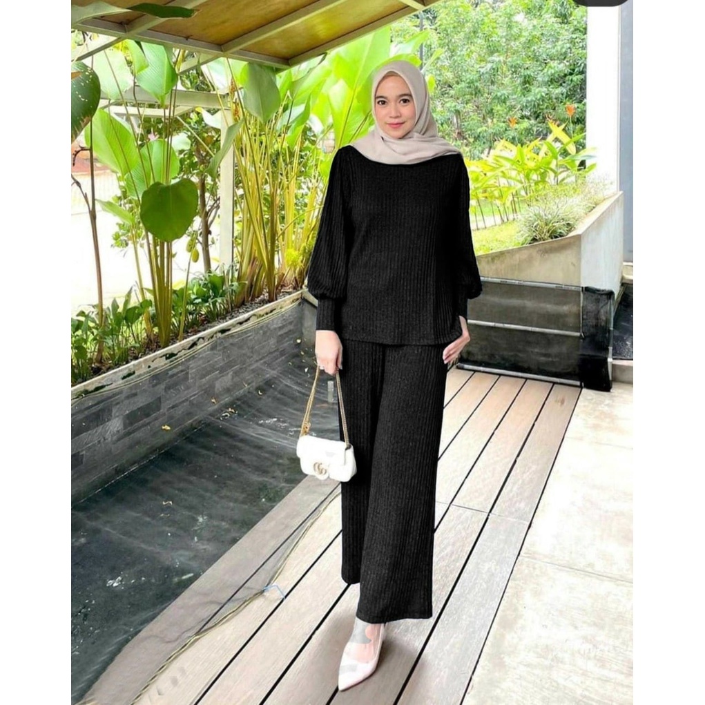 SET HARAGA FASHION PAKAIAN WANITA SETELAN ATASAN DAN CELANA BAHAN KNIT EDHM