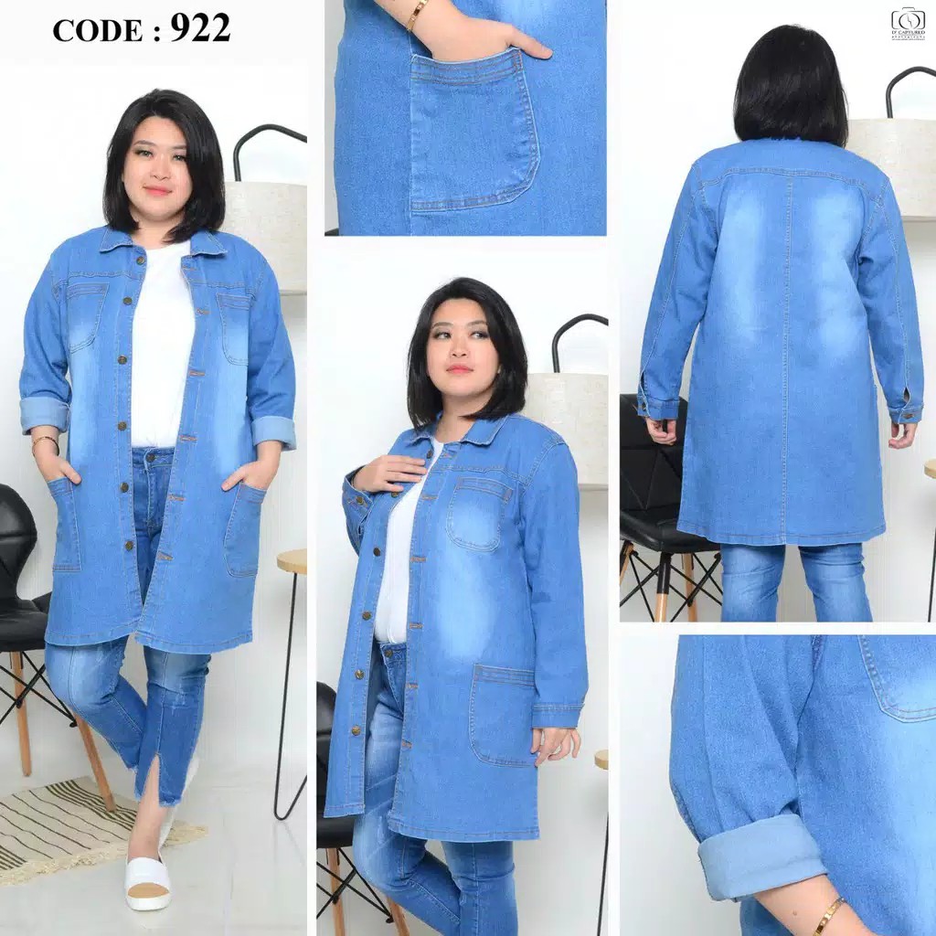 Asia Mode Jaket Jeans Panjang / Jaket Jeans Wanita Jumbo / Tunik Jeans / Jaket Panjang Sampai Lutut