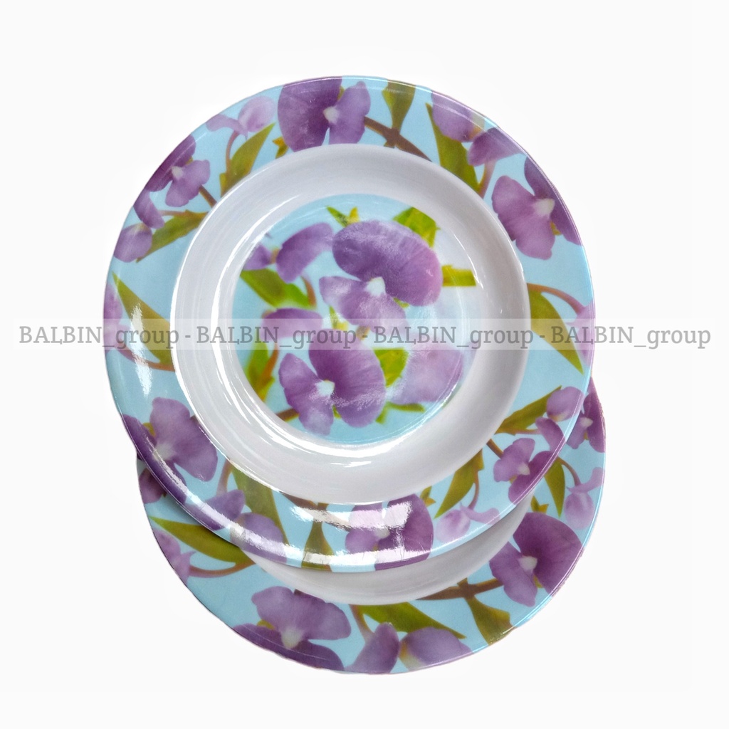 piring makan semi melamin  23cm - piring melamine motif mawar ungu - piring melamin murah - piring semi melamine