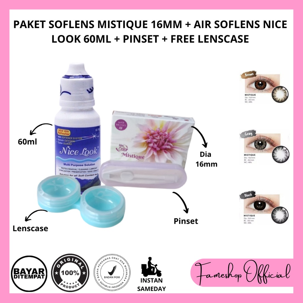 PAKET SOFTLENS MISTIQUE DIA 16MM + CAIRAN NICE LOOK 60ML + PINSET + LENSCASE / COD INSTAN SAMEDAY / LENSA KONTAK / PAKET MURAH