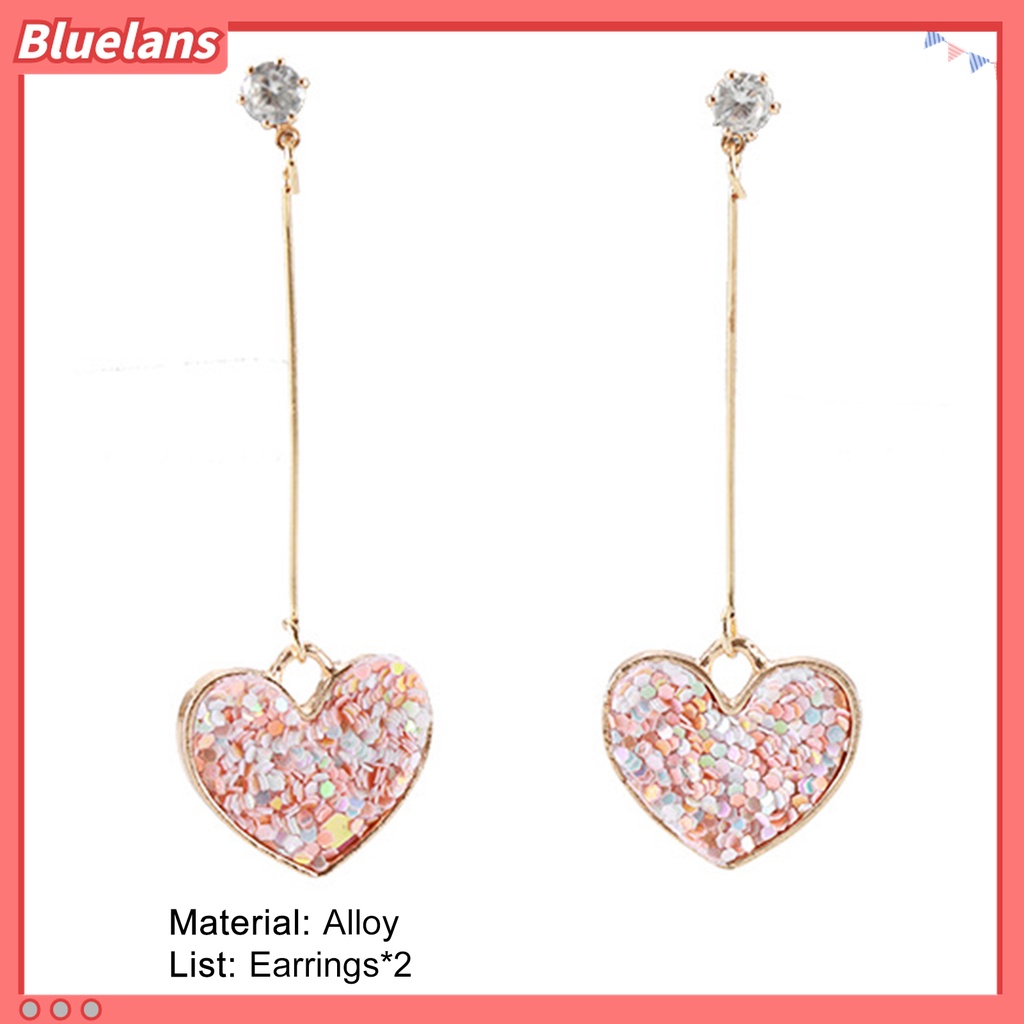 1 Pasang Anting Stud Panjang Menjuntai Bentuk Hati Aksen Payet Bahan Alloy Untuk Hari Valentine