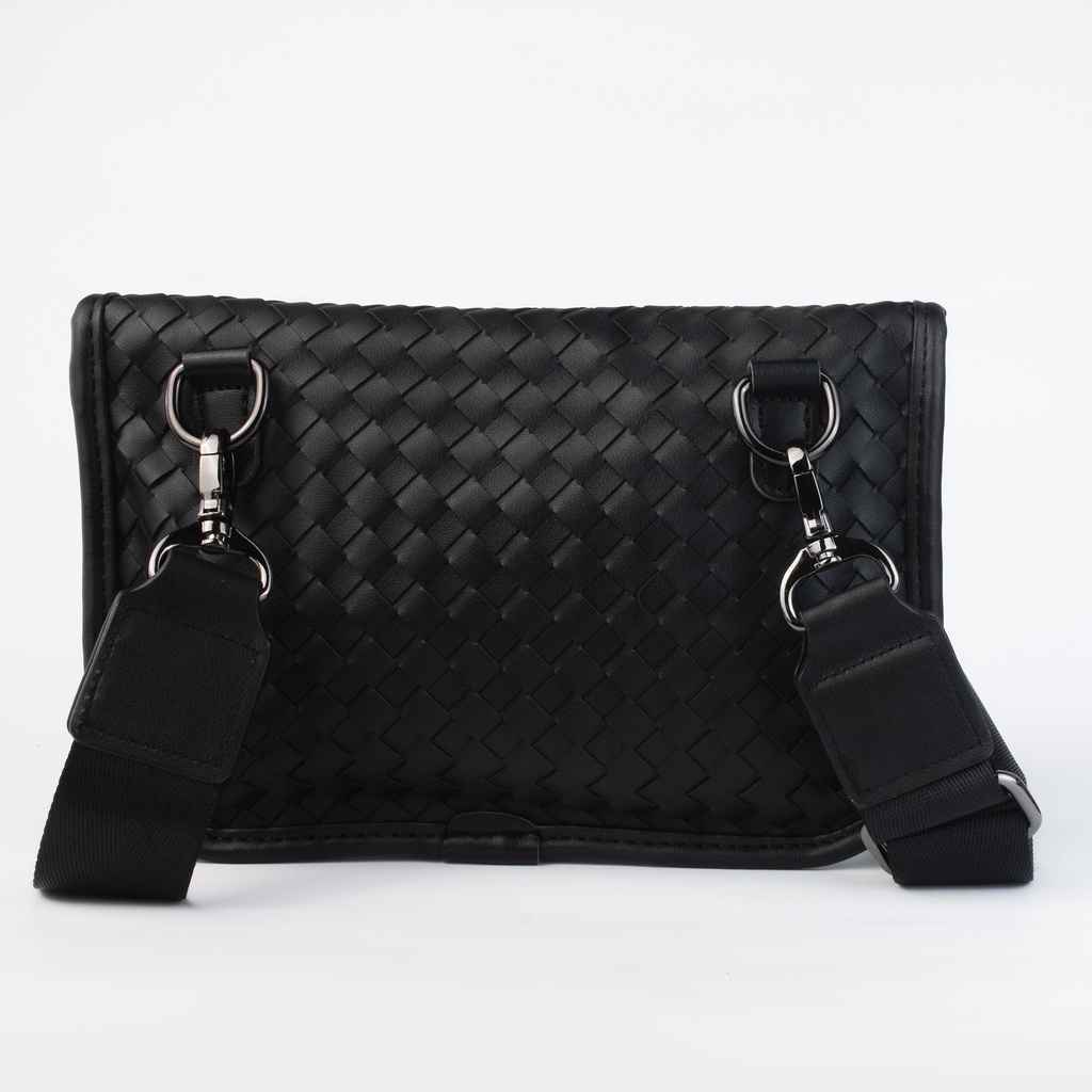 Tas Selempang Kulit Knitted Leather Black- Slingbag Zip Pocket Impor