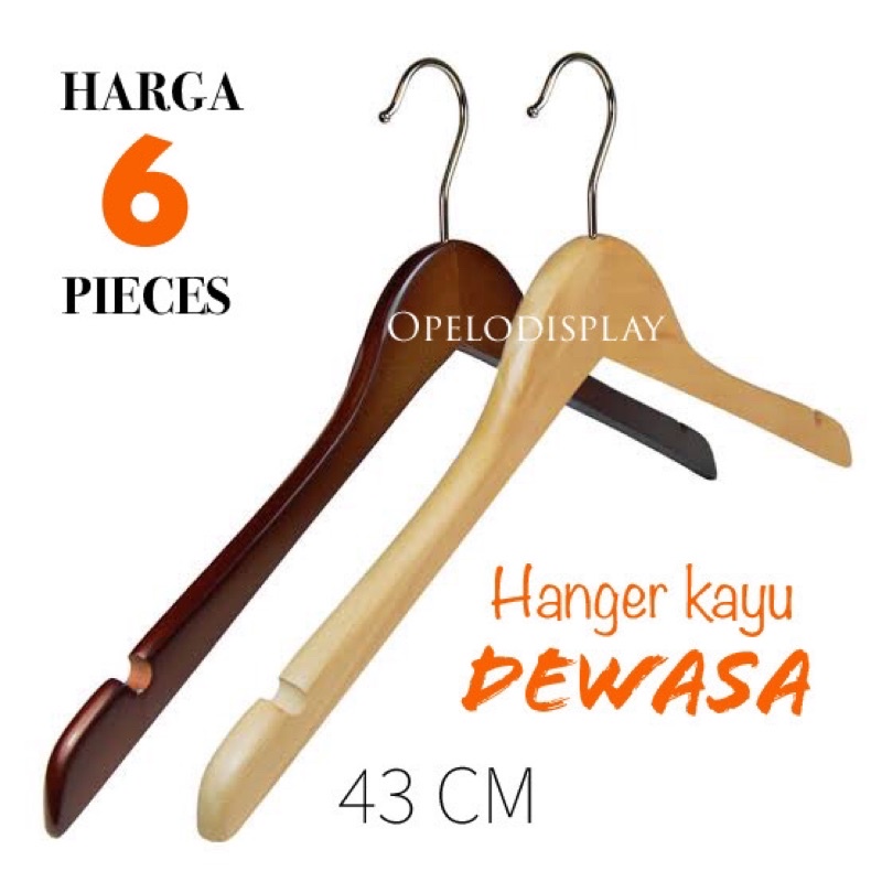 ( 6 PCS ) GANTUNGAN BAJU / HANGER KAYU NATURAL DEWASA SUPER HOOK SILVER BULAT  9 CM (LKKB)