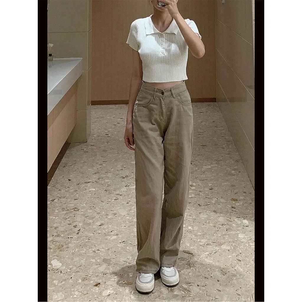 Korean style straight leg  loose new light khaki  jeans