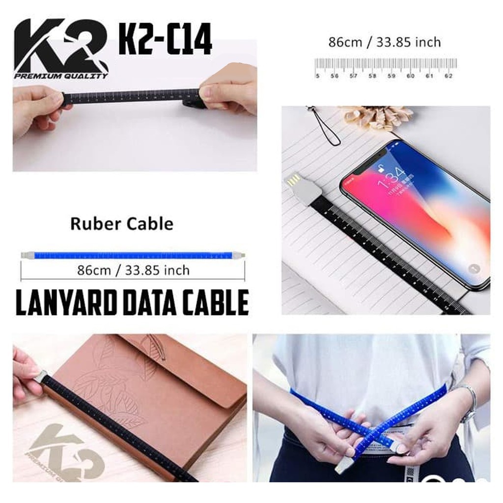 Kabel Data K2-C14 LANYARD PREMIUM QUALITY MICRO USB / IPHONE / TYPE C Fast charging 2.4A KALUNG TALI HP / NAMETAG