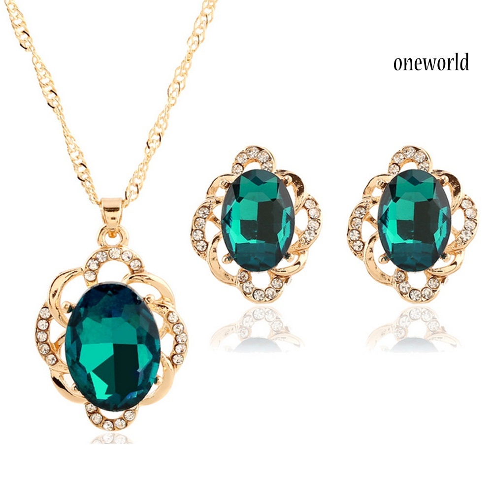 OW@ Women Floral Rhinestone Necklace Stud Earrings Fashion Wedding Jewelry Set Gift