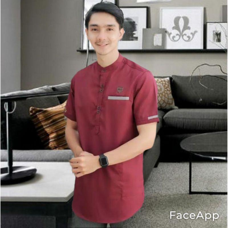 [HANYA DISHOPEE] Baju Koko Muslim//Koko Kurta Lengan Pendek Remaja Dewasa//Bahan Toyobo-KOKO-Merah/Marun