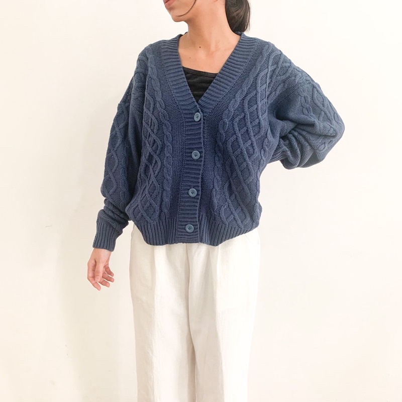 Vintage House Cross Crop Cardi (Cardigan Rajut Cable Wanita Korea / Korean Cardigan)-Denim