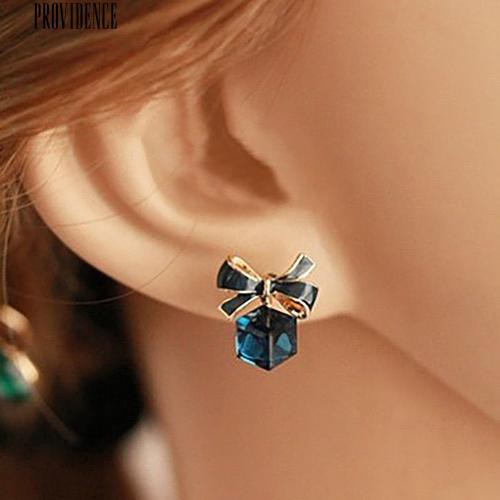 1 Pair Ikatan Simpul Cube Crystal Berlian Imitasi Ear Studs