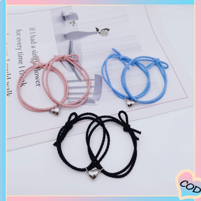 COD✨2 Pcs Gelang Wanita Couple Korea Liontin Cinta Pasangan Tali Kepang Magnetik Gaya Uniseks