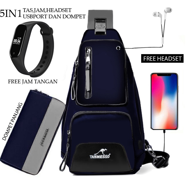 TANMESSO 5IN1 BAYAR DITEMPAT-BONUS JAM LED,DOMPET &amp; USBPORT&amp;HEADSET-tas selempang waterproof