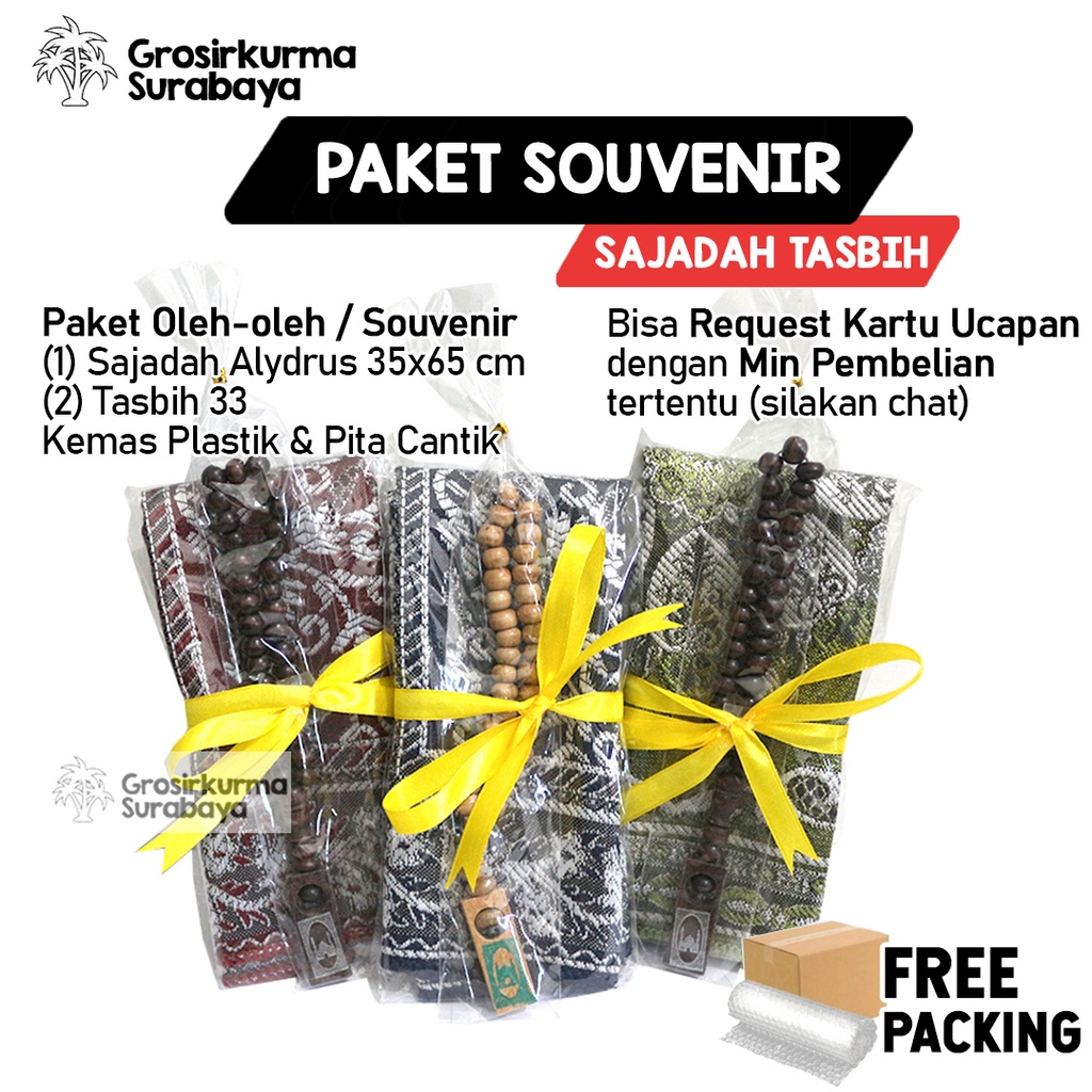 Paket Souvenir Sajadah Alydrus &amp; Tasbih Kayu 33 Kemas Plastik Oleh Oleh Haji Tahlil Yasin Kartu Nama
