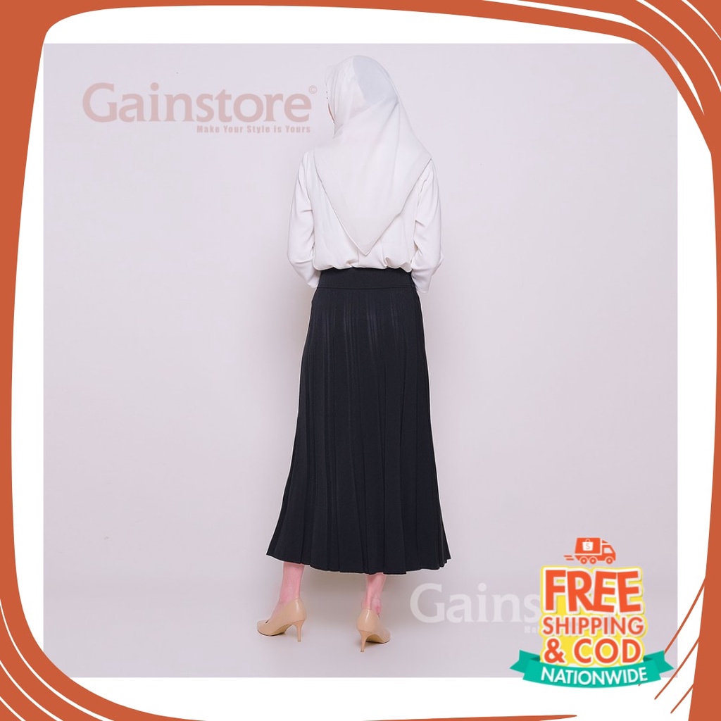 Plisket Jins Dnim MEkar biru merah hitam kuning hijau putih abu /  GainStore Rok Kerja Rempel Panjan