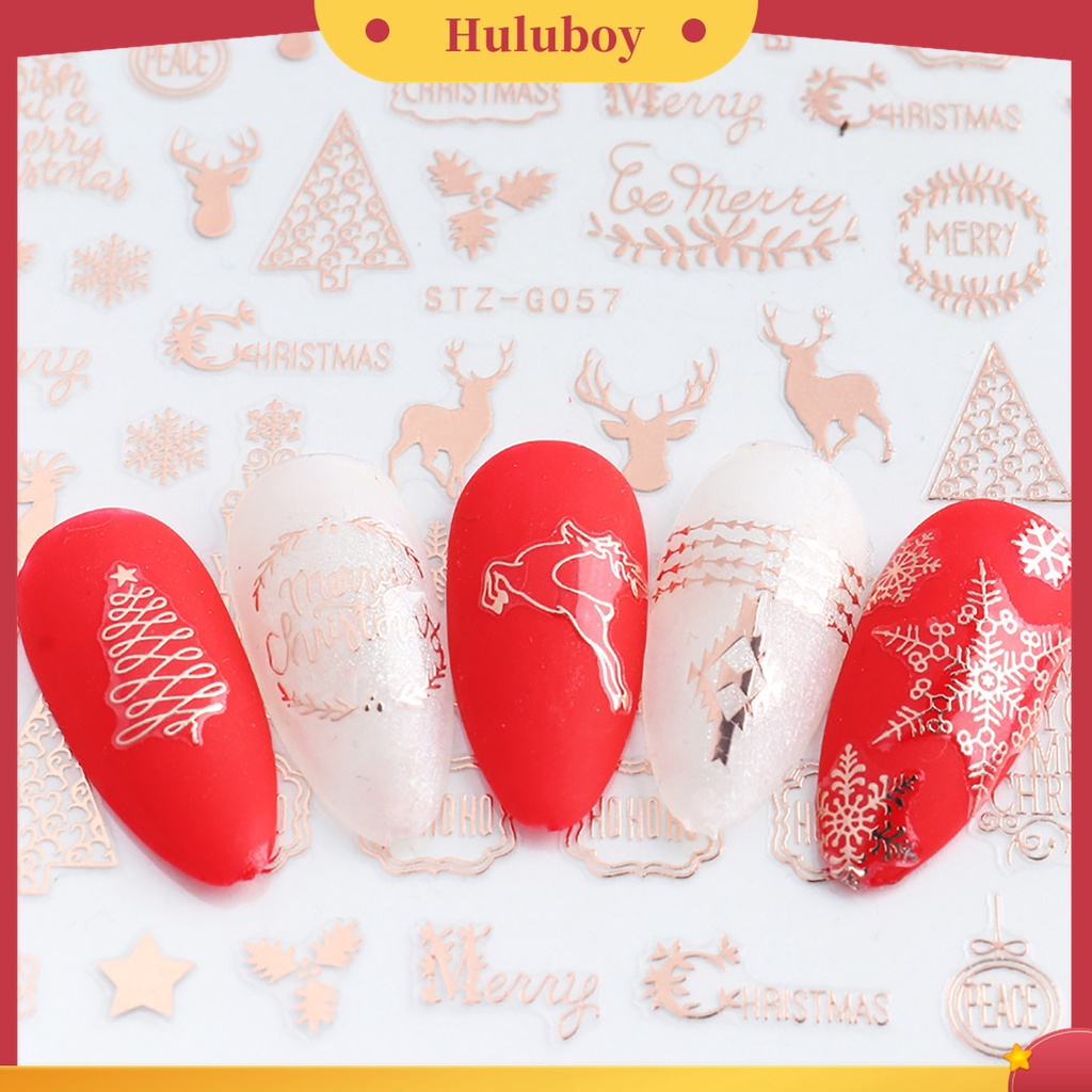 Huluboy Huluboy♡ 3pcs Stiker Kuku Motif Snowflake / Rusa Natal Warna Rose Gold Untuk Dekorasi Manicure