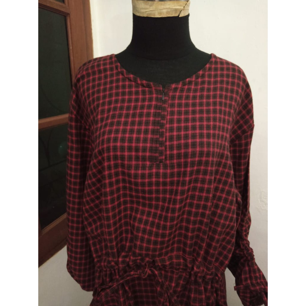 Baju Atasan Tunic Motif Kotak Kotak Merah Maroon dan Hitam