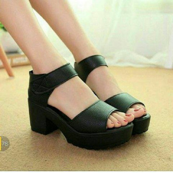 HEELS SANDAL HITAM HS1 HEELS CASUAL HITAM 7CM CASUAL HEELS BLACK CHUNGKY HEELS BLACK